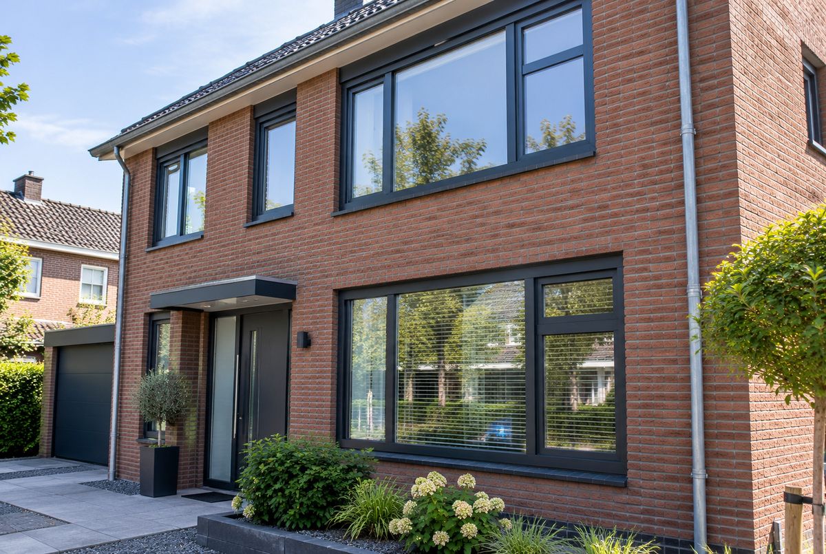 Antracietkleurige kunststof kozijnen in een moderne woning Moderne Nederlandse woning met antracietkleurige kunststof kozijnen, grote ramen en een bijpassende kunststof voordeur