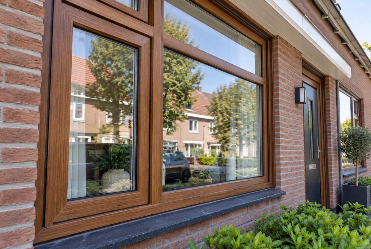 Houtlook kunststof kozijnen met realistische houtnerfstructuur Houtlook kunststof kozijnen met een warme houtnerfstructuur in de voorgevel van een Nederlandse woning
