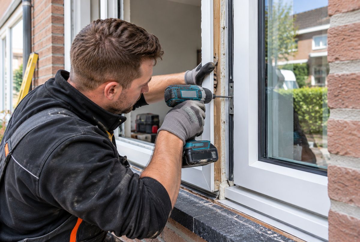 Monteur bevestigt een kunststof raamkozijn tijdens de montage Monteur bevestigt een wit kunststof raamkozijn met een accuschroefmachine tijdens het plaatsen van kunststof kozijnen in een woning